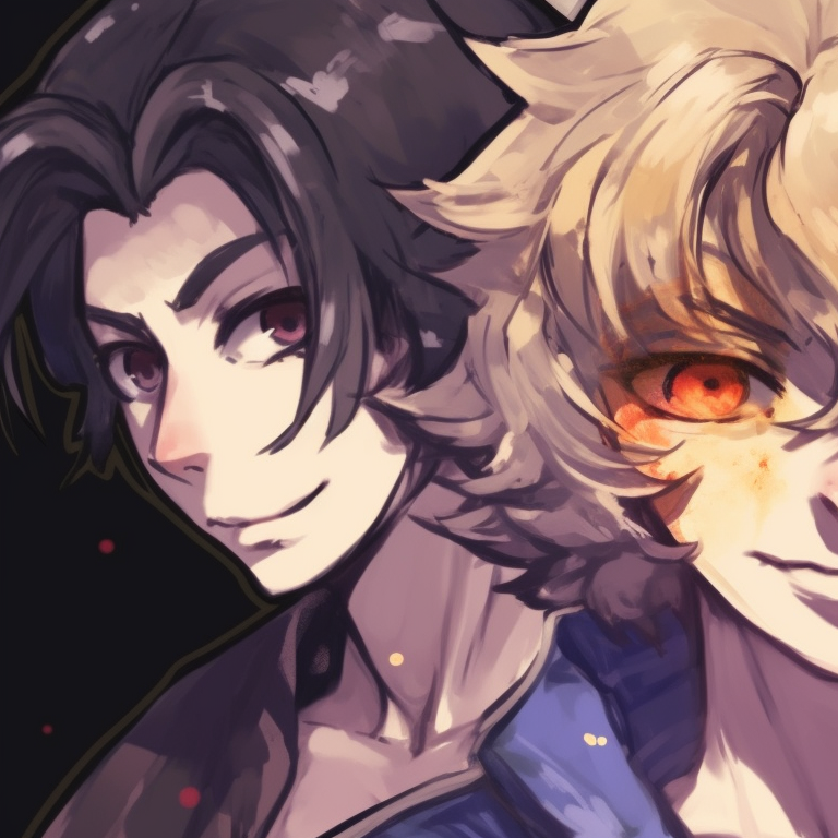 Three characters in defensive stance, dynamic lines and contrasting hues. famous matching trio pfp characters pfp for discord.