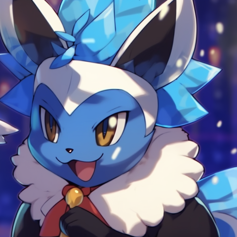 Two Lucario characters in festive attires, soft colors, twinkling Christmas lights in the background. lucario christmas avatar pairs pfp for discord.