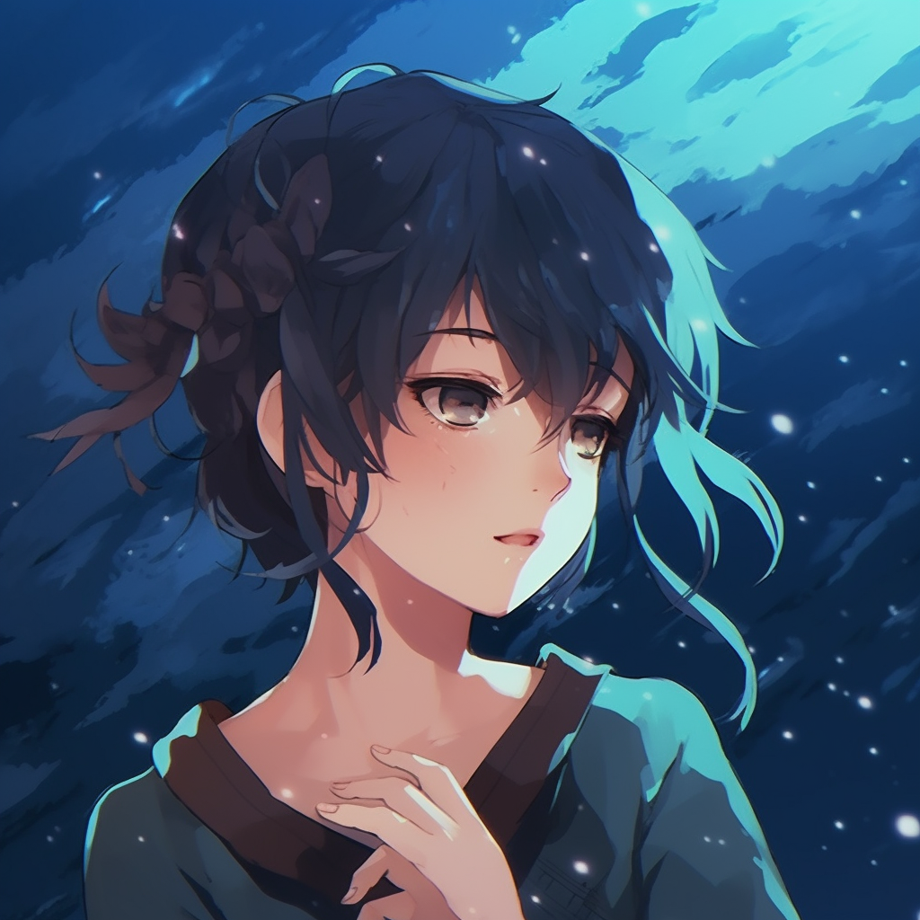 Artwork highlighting the glow of starry night, intricate details of light reflection in the character's eyes. gorgeous anime pfp aesthetic