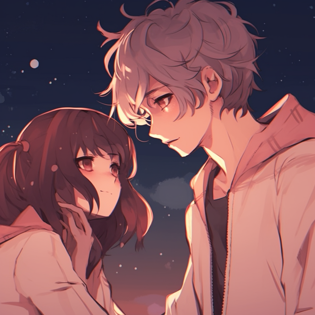 Romantic moment under the stars, detailed characters with a generously illustrated night sky. romantic matching pfp anime