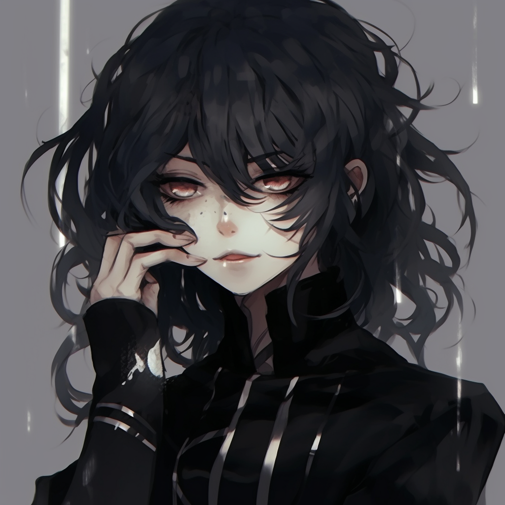 Anime girl dressed in gothic emo attire, black clothing with silver accents and a distant gaze. aesthetically pleasing emo anime pfp