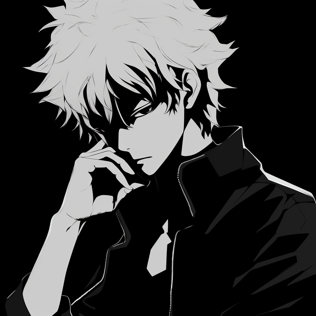 Deku from My Hero Academia deeply concentrating, emphasis on facial details and shadows. trending black and white anime aesthetic pfp pfp for discord.