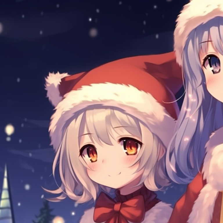 Characters in reindeer antlers, vibrant colors and playful expressions. adorable matching anime girl christmas pfp ideas pfp for discord.