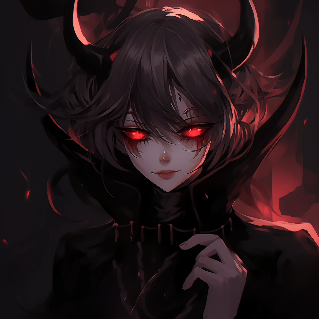 Detailed depiction of the demon character's weapon with high contrast and strong outlines. unique demonic anime pfp pfp for discord.