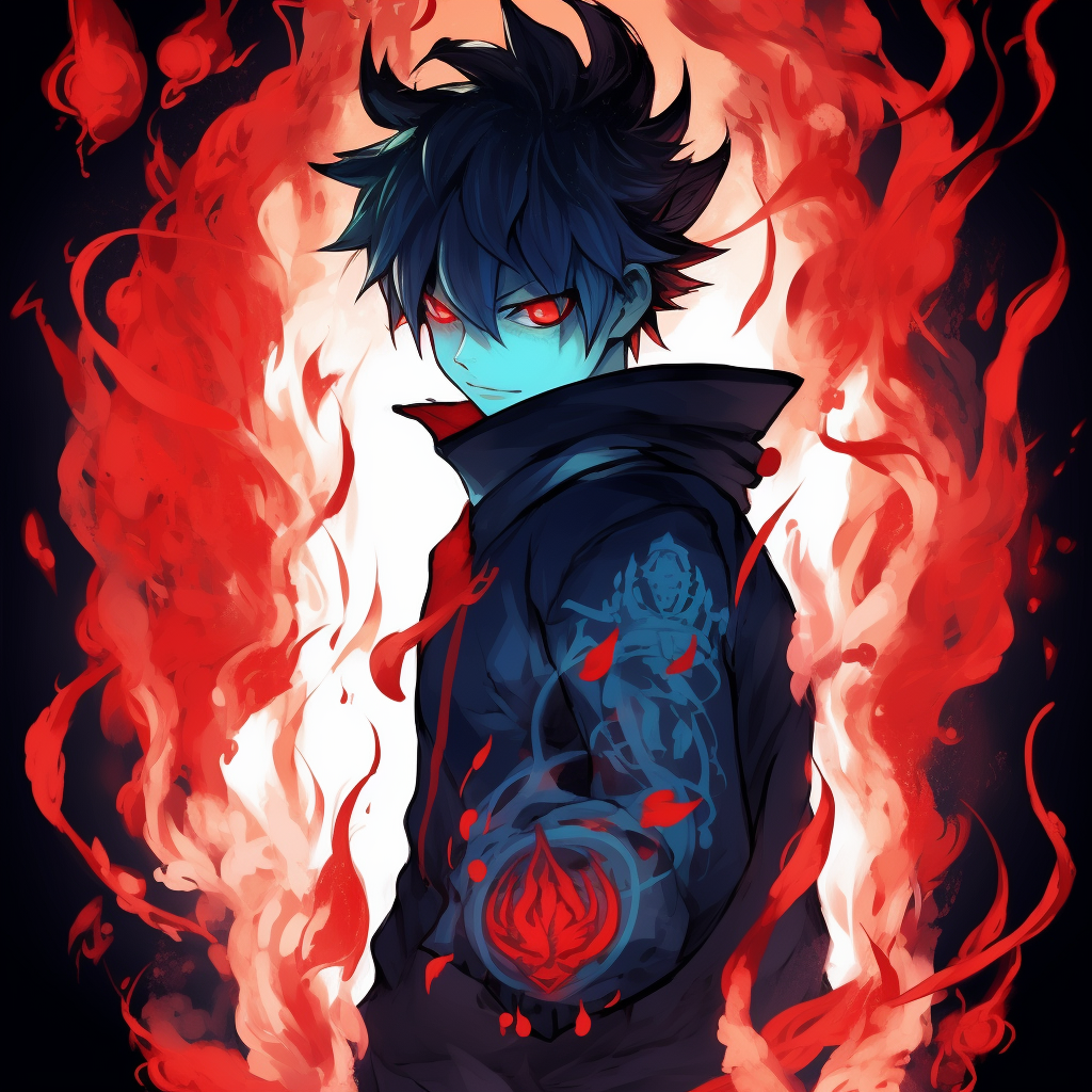 Rin Okumura engulfed in his signature blue flames, vibrant art style and detailed linework popular demon anime pfp pfp for discord.