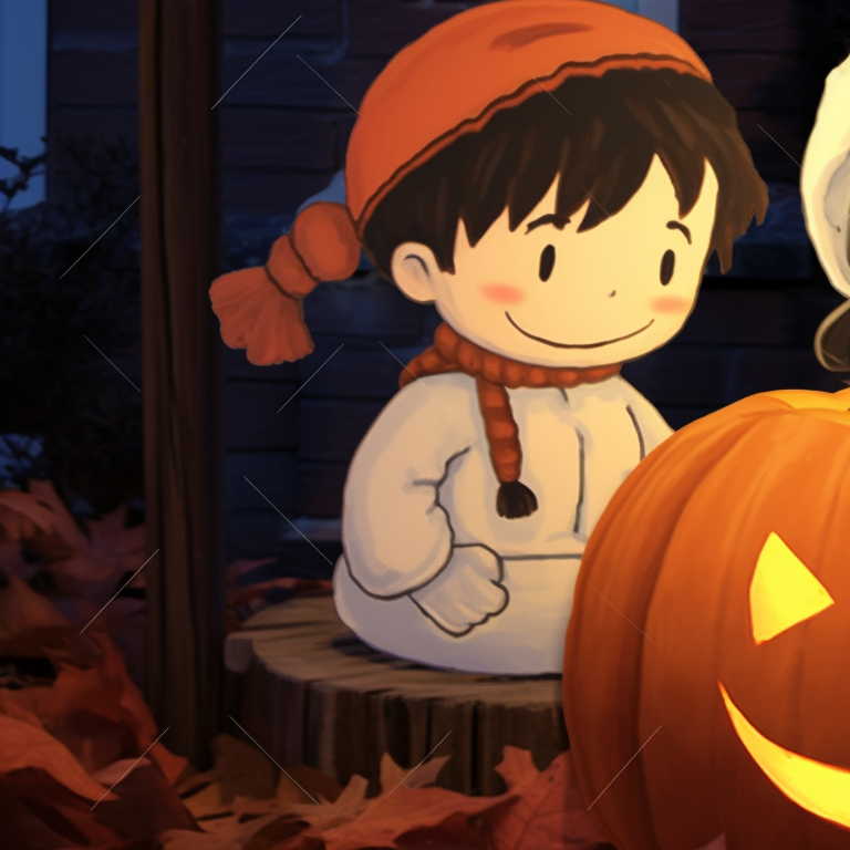 Two characters singing Christmas carols, pumpkin lanterns glowing brightly. matching christmas pumpkin pfp trends pfp for discord.