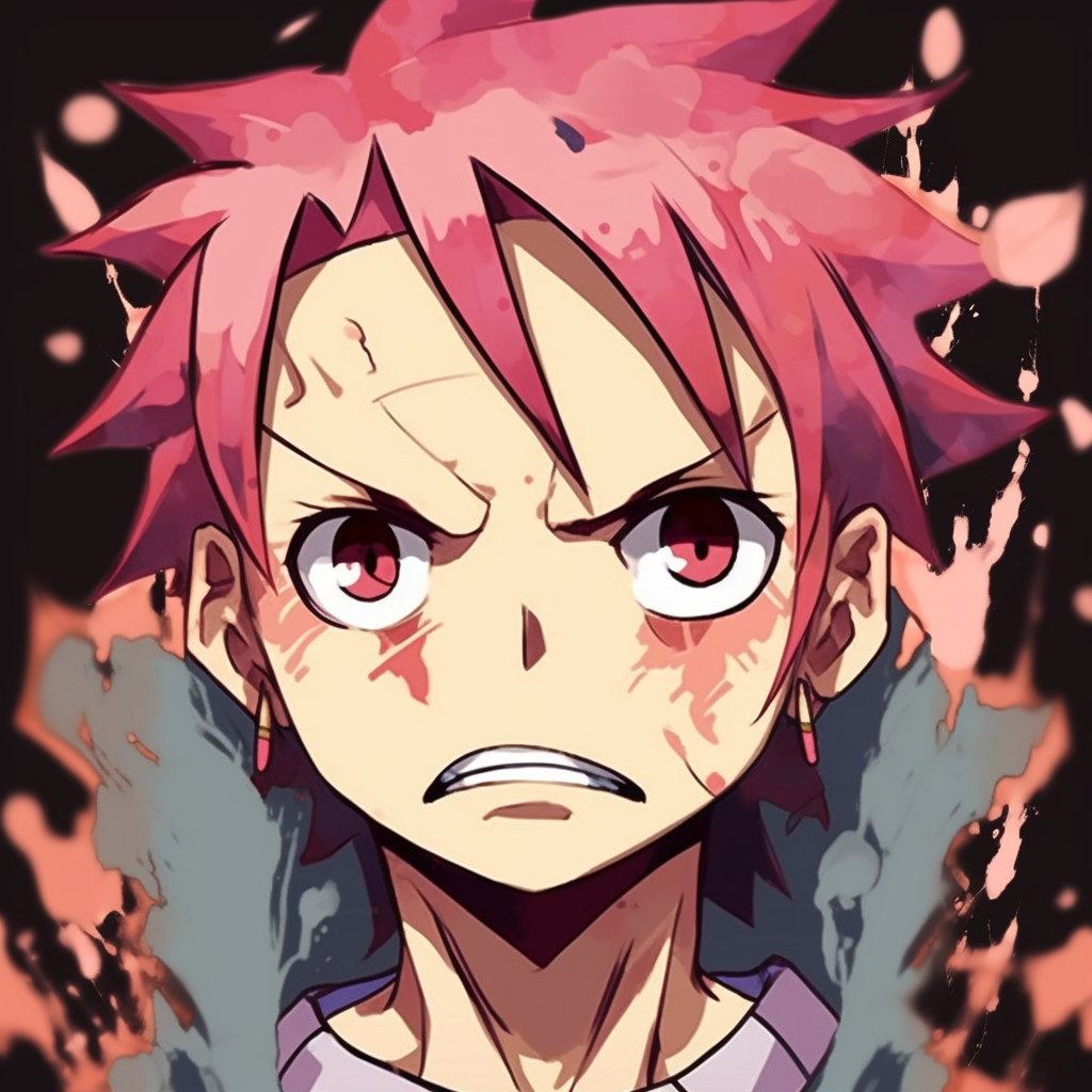 Natsu Dragneel from Fairy Tail making a funny face, vibrant colors and dynamic linework. brainstorming funny anime pfps