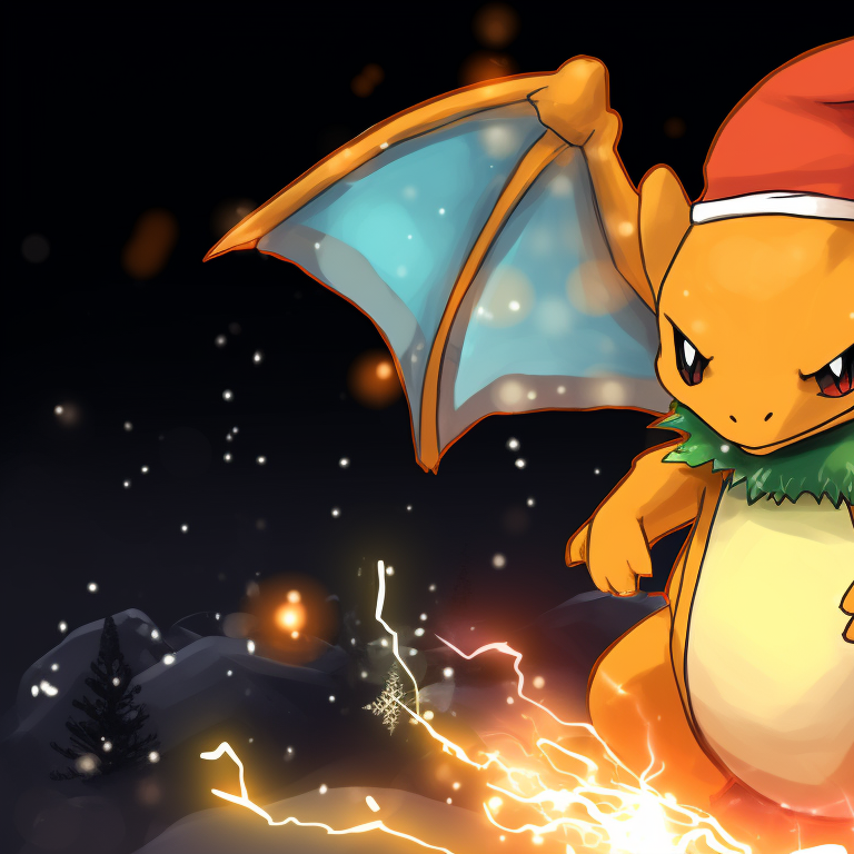 Two cute chibi style Charizards, one in Santa's hat, another wearing reindeer antlers. charizard themed christmas apparel pfp for discord.