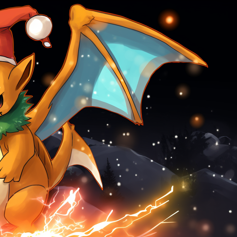 Two cute chibi style Charizards, one in Santa's hat, another wearing reindeer antlers. charizard themed christmas apparel pfp for discord.