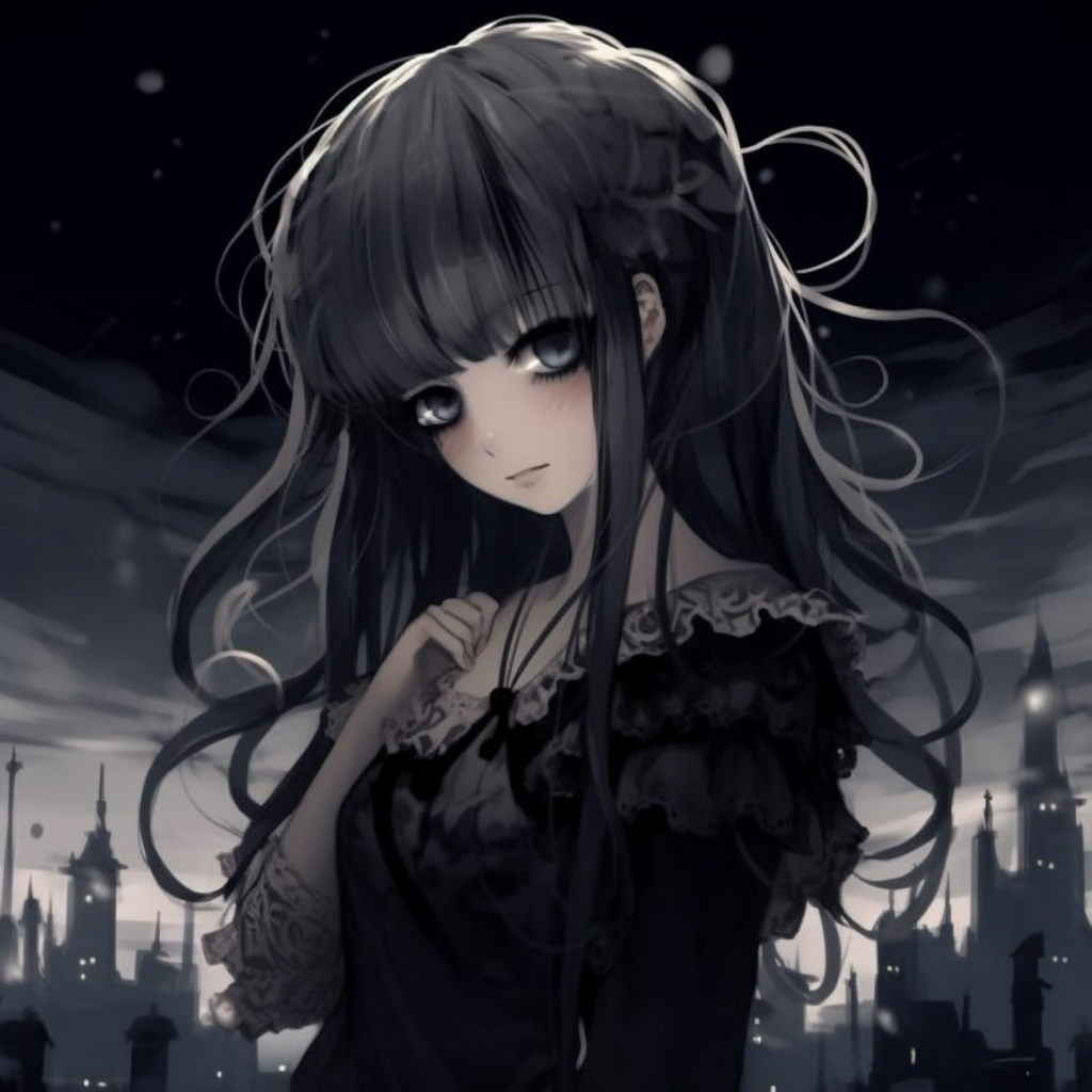 A Gothic maiden surrounded by a fog of darkness, her eyes glowing while dark dress and hat are beautifully detailed. inspiring gothic anime pfp ideas