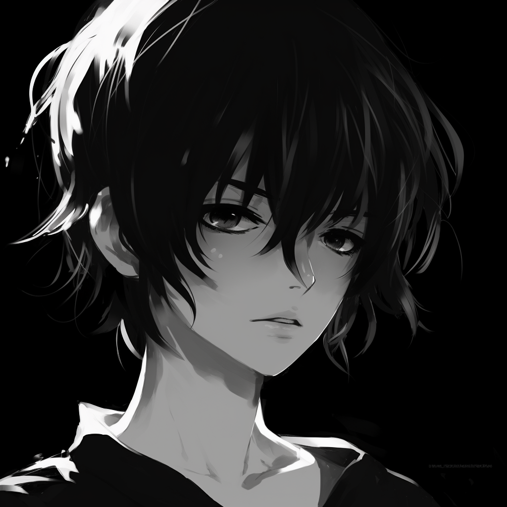 Retro styled anime girl headshot in monochrome, emphasis on the style and hair details. classic black and white anime girl pfp pfp for discord.