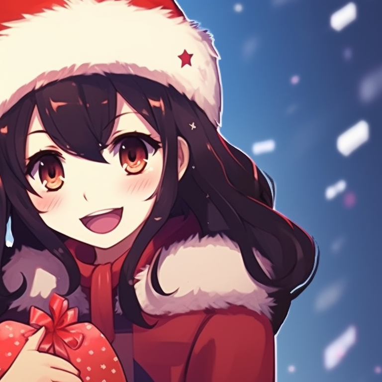 Two anime characters, vibrant festive colors, holding a Christmas gift. classic matching christmas pfp 2021 pfp for discord.
