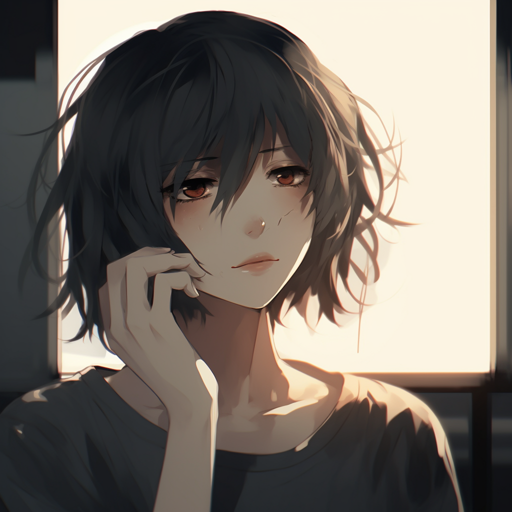 An anime character looking off into the distance, with a wistful expression, softer shades and light lines. aesthetic depressed anime pfp pfp for discord.