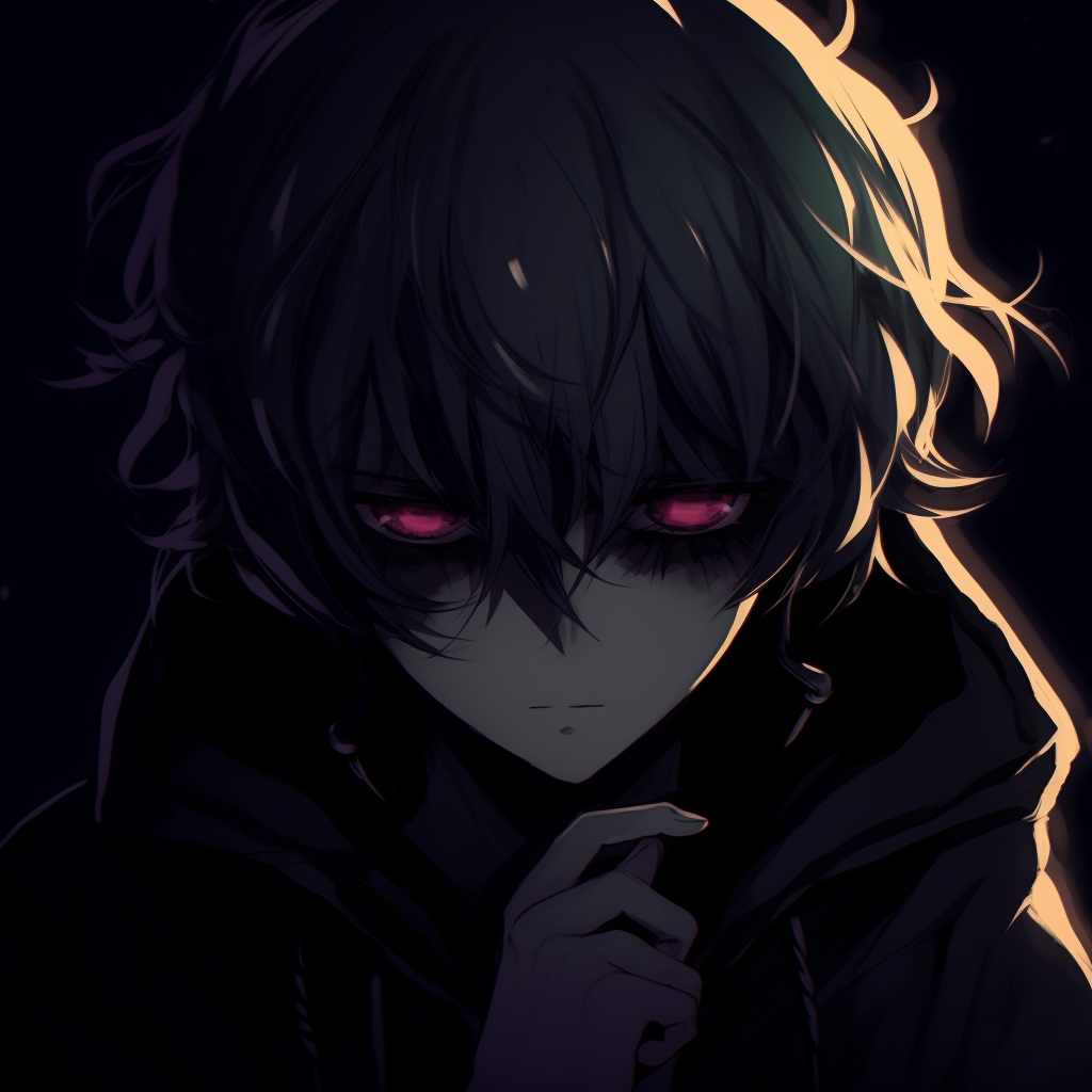 Close-up view of an anime character face in shadow, with the eyes gleaming and dominating the scene. unique black pfp anime pfp for discord.