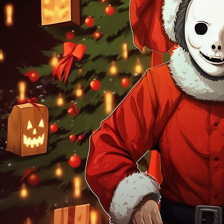 Detailed close-up of Myers' intense gaze, Christmas hat adorning his head. celebrate christmas with michael myers pfp pfp for discord.