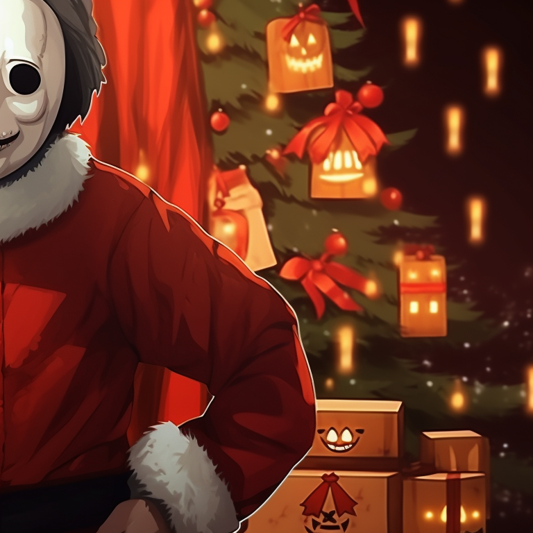 Detailed close-up of Myers' intense gaze, Christmas hat adorning his head. celebrate christmas with michael myers pfp pfp for discord.