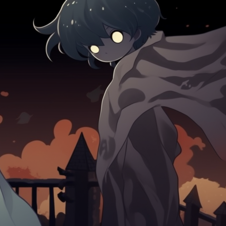 Two characters in Halloween-themed costumes, light and shadow effects, holding hands. matching pfp not cringe halloween theme cartoon pfp for discord.