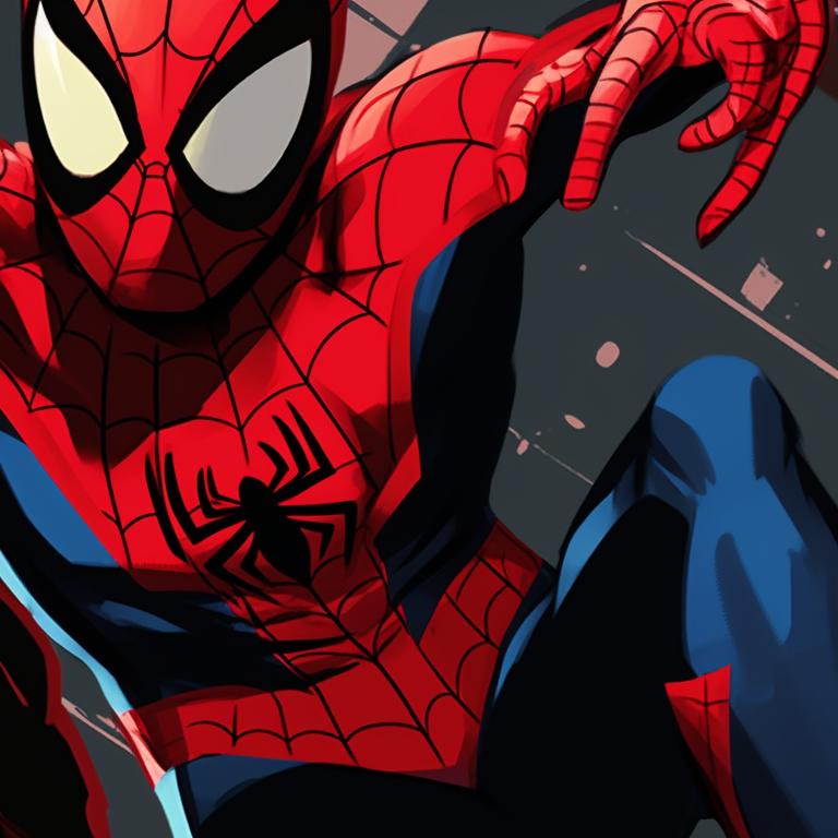 Spider-themed characters in dynamic action poses, bright colors and strong lines. spider man matching pfp for kids pfp for discord.