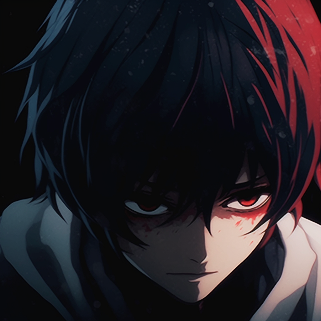 Kaneki from Tokyo Ghoul in an intense scene, featuring high contrast and deep shadows. creative anime pfp gif ideas