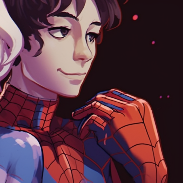 Miles and Gwen, vibrant color palette, both wearing spider suits. artistic miles and gwen matching pfp pfp for discord.
