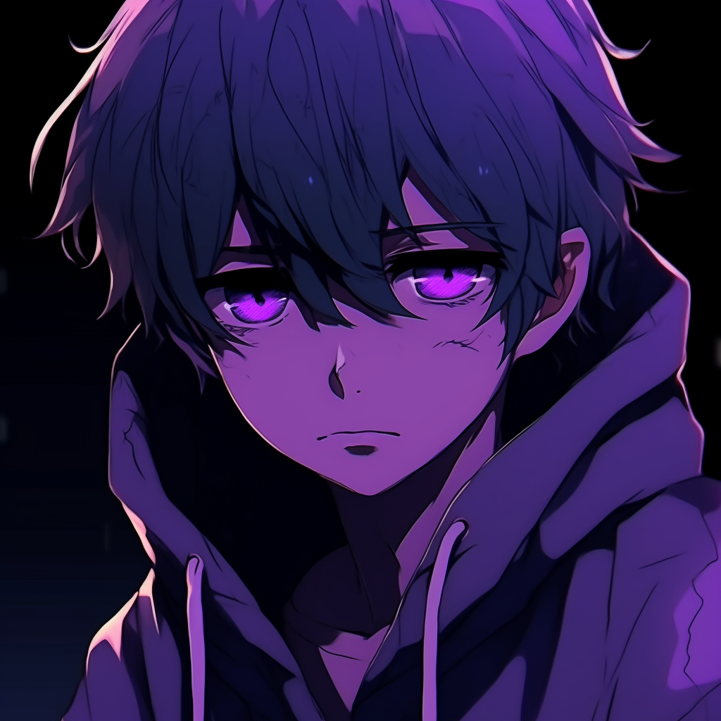 Profile of a smiling, purple-haired anime boy, with an emphasis on his cheerful demeanor and bright eyes. stunning purple anime pfp boys