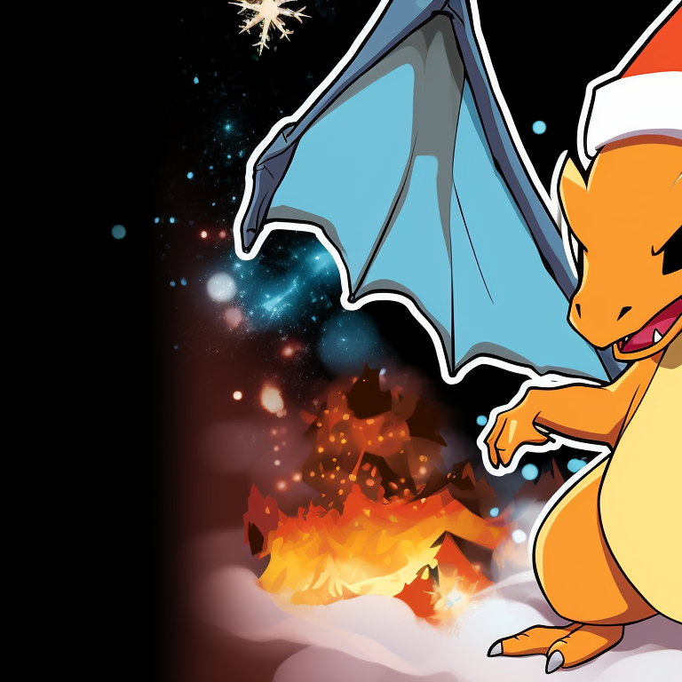 Close-up of two Charizards, intensity in their eyes, one wearing a Santa hat. charizard themed christmas apparel pfp for discord.