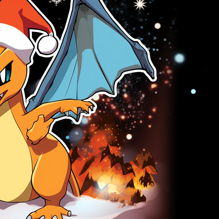 Close-up of two Charizards, intensity in their eyes, one wearing a Santa hat. charizard themed christmas apparel pfp for discord.