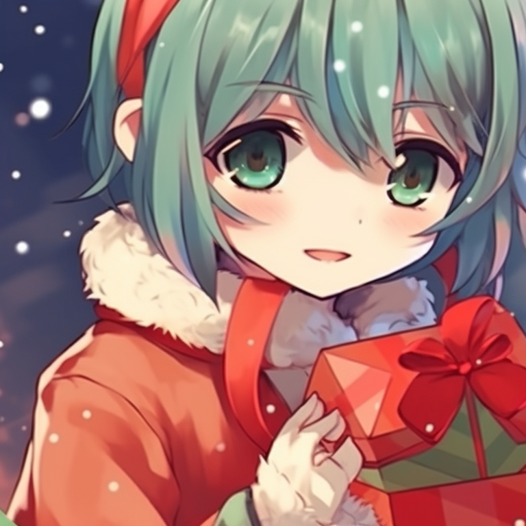 Two anime girls, vibrant red and green color palette, exchanging gifts. cutest matching christmas anime pfp girls pfp for discord.