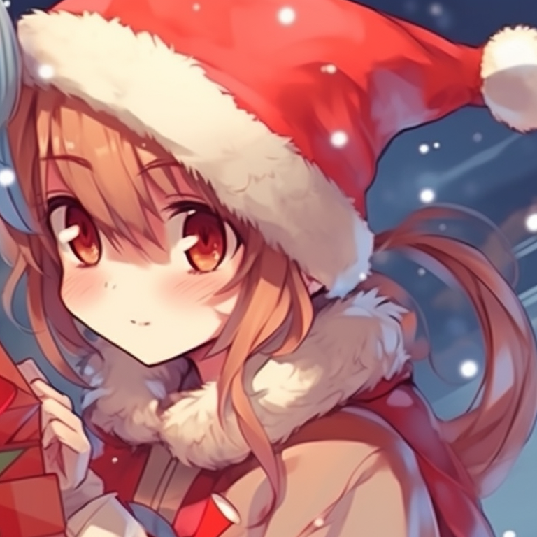 Two anime girls, vibrant red and green color palette, exchanging gifts. cutest matching christmas anime pfp girls pfp for discord.
