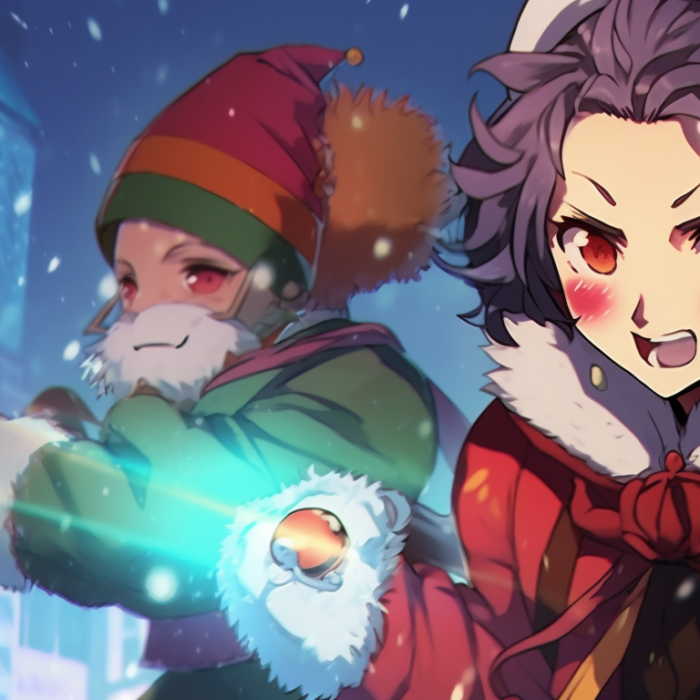 Two characters, donning Santa inspired outfits and holding Christmas themed weapons, partnered against a backdrop of Christmas decorations. holiday demon slayer pfps pfp for discord.