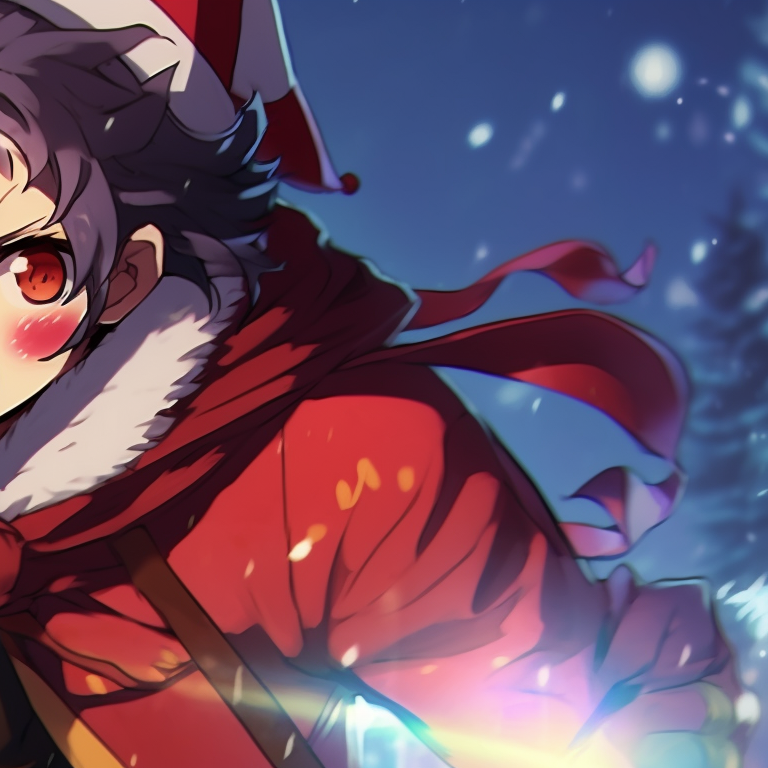 Two characters, donning Santa inspired outfits and holding Christmas themed weapons, partnered against a backdrop of Christmas decorations. holiday demon slayer pfps pfp for discord.