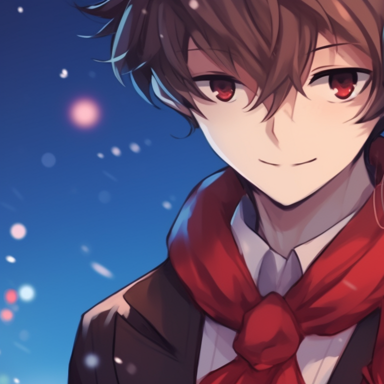 Two characters in holiday-themed attire, vibrant colors and soft shading, holding a heart-shaped gift. romantic matching pfp christmas pfp for discord.