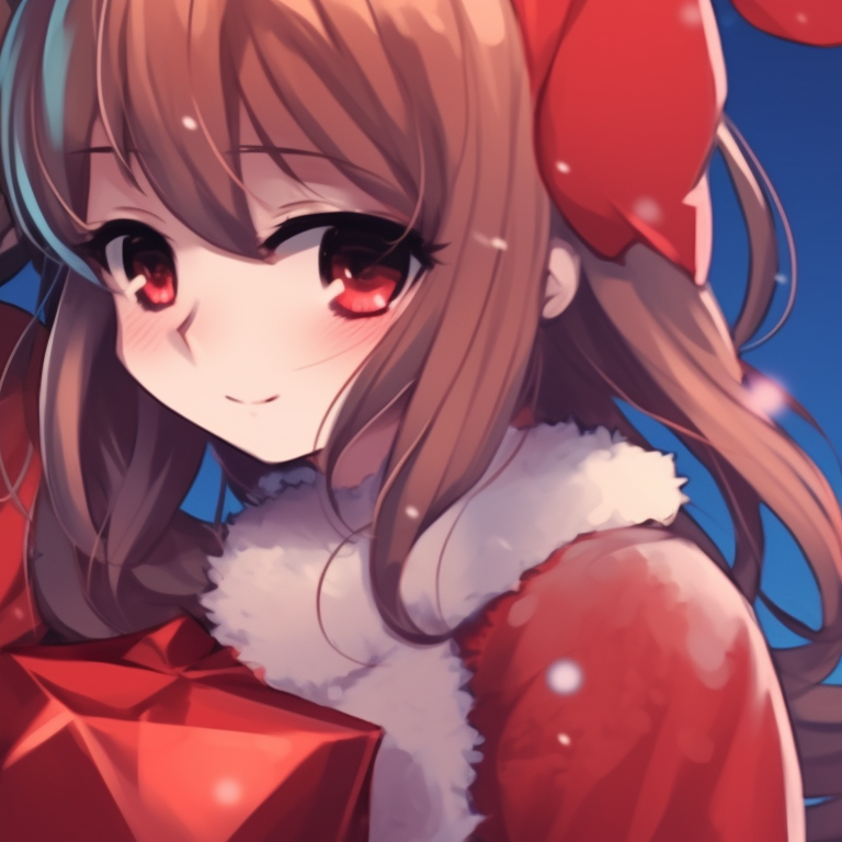 Two characters in holiday-themed attire, vibrant colors and soft shading, holding a heart-shaped gift. romantic matching pfp christmas pfp for discord.