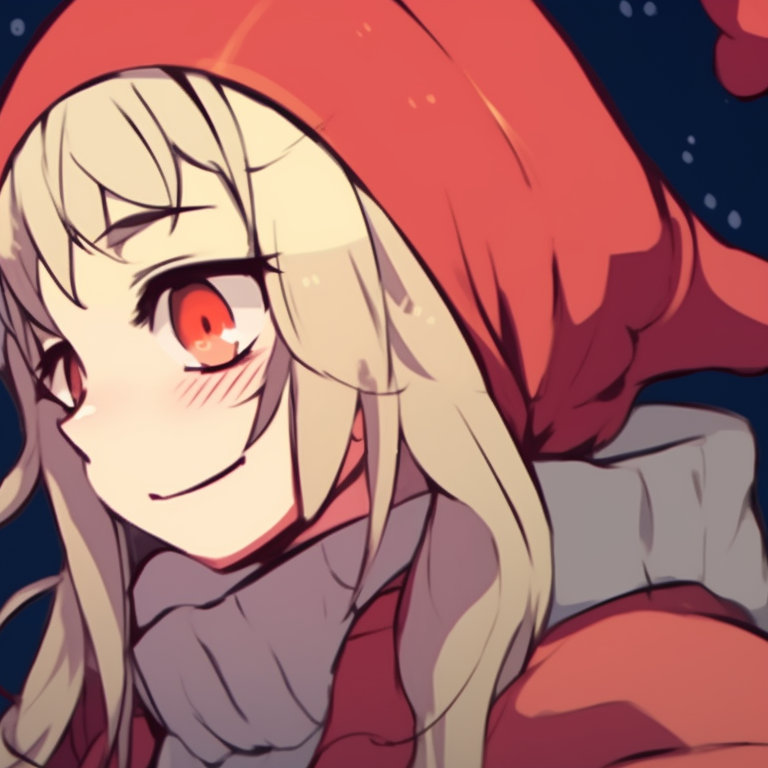 A pair of characters donning Christmas hats, dreamy background and touching foreheads. christmas matching profile photos tumblr pfp for discord.