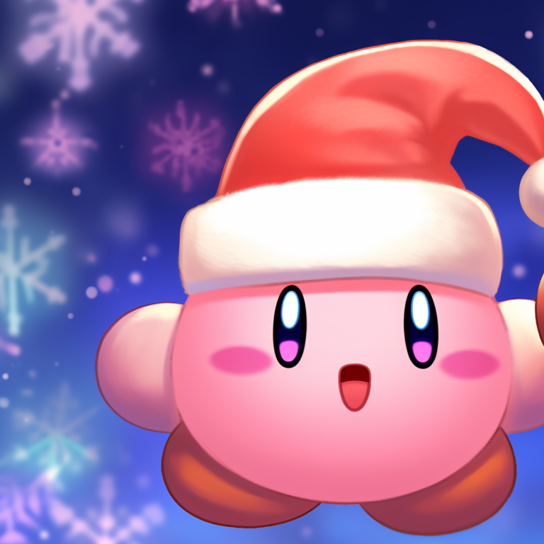 Two Kirby characters, detailed Christmas decorations and soft winter colors, sharing a candy cane. matching kirby christmas pfp ideas pfp for discord.