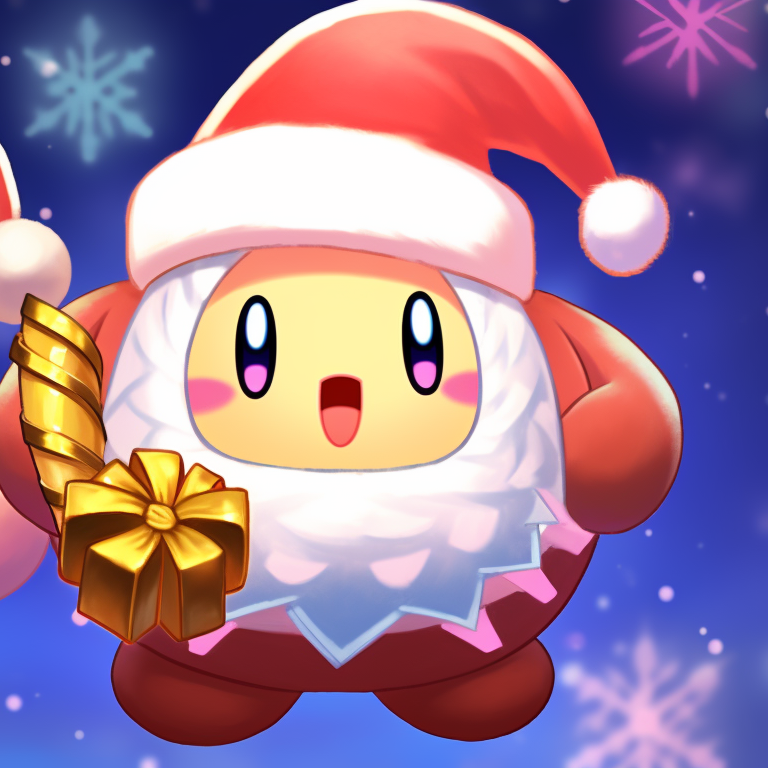 Two Kirby characters, detailed Christmas decorations and soft winter colors, sharing a candy cane. matching kirby christmas pfp ideas pfp for discord.