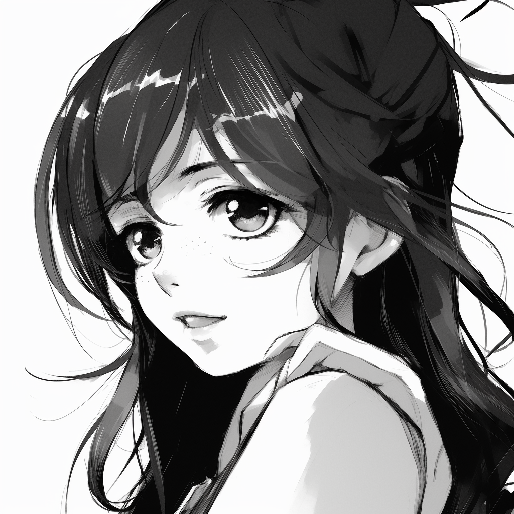 Left side profile of an anime girl with enigmatic expression, emphasizing her striking big eyes and neat hair. anime profile picture black and white female