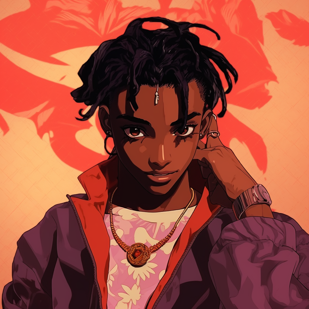 Carti positioned in a cyberpunk setting, neon colors and intricate background details. playboi carti in anime art style