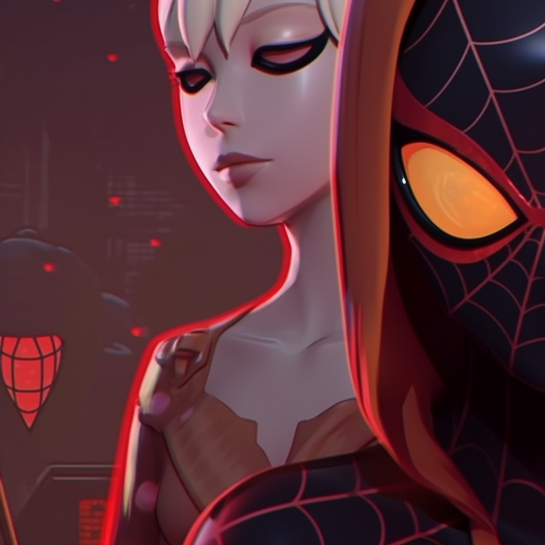 Image of Gwen and Miles, emphasis on heavy shades and contrasting hues, hinting a sense of thrill and adventure. gwen and miles halloween theme matching wallpapers pfp for discord.