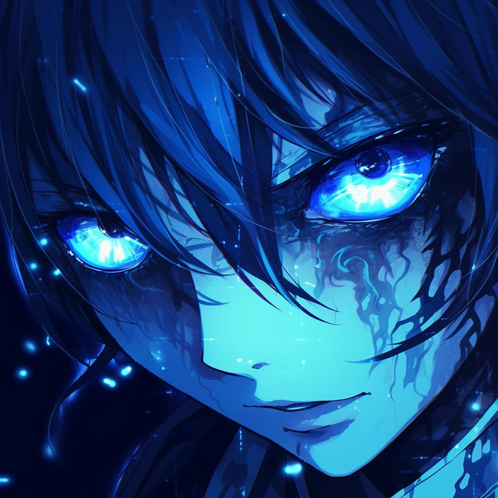 Portrait of an anime character with rich, vibrant blue hair and a serene expression. variety of blue anime pfp