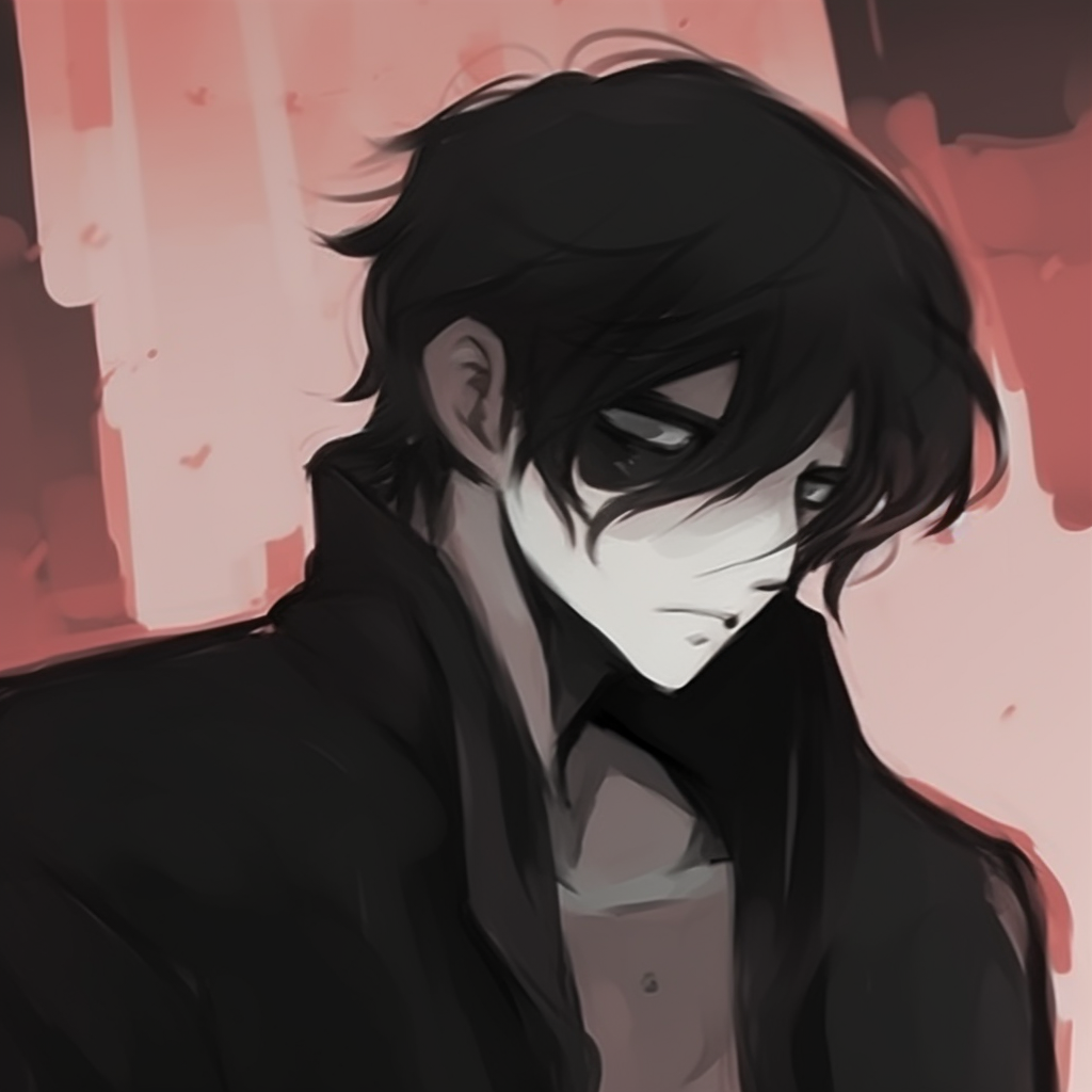 Profile of an antagonist blending into the shadows, deep color tones and sharp outlines. anime arousing suspicion pfp pics