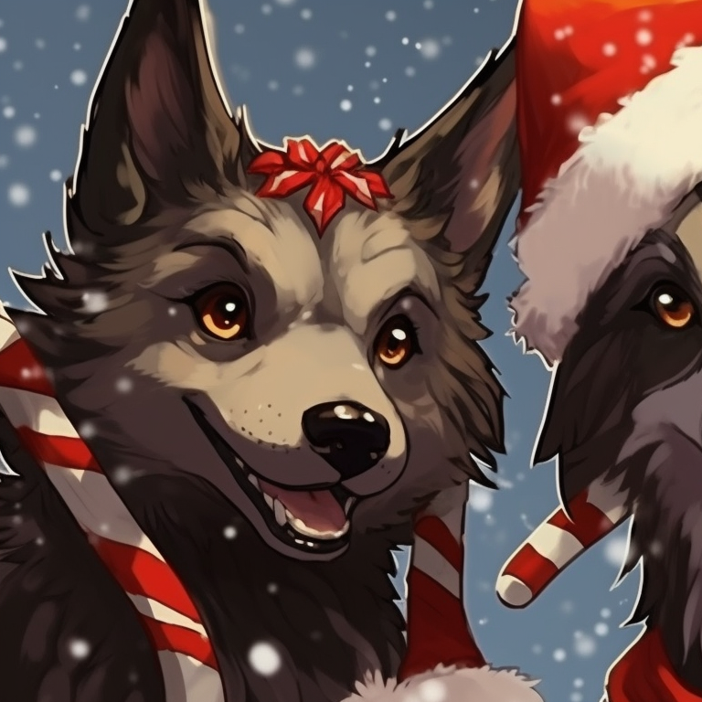 Wolf pair amidst falling snowflakes, winter tones with accentuated icy blues. artistic matching christmas wolf pfp pfp for discord.