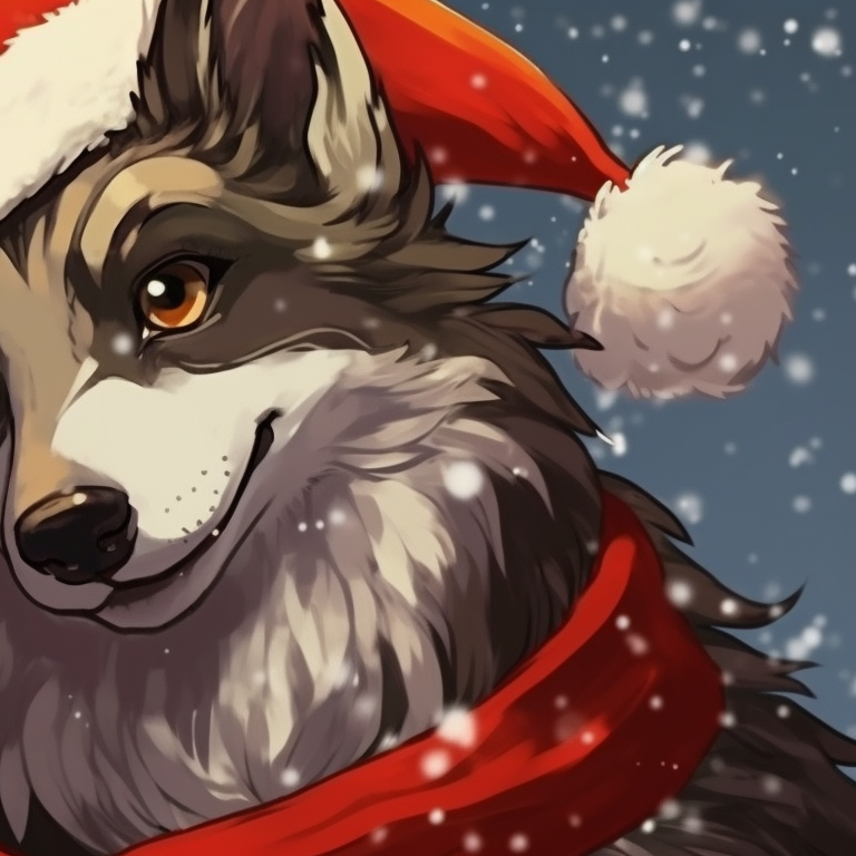 Wolf pair amidst falling snowflakes, winter tones with accentuated icy blues. artistic matching christmas wolf pfp pfp for discord.