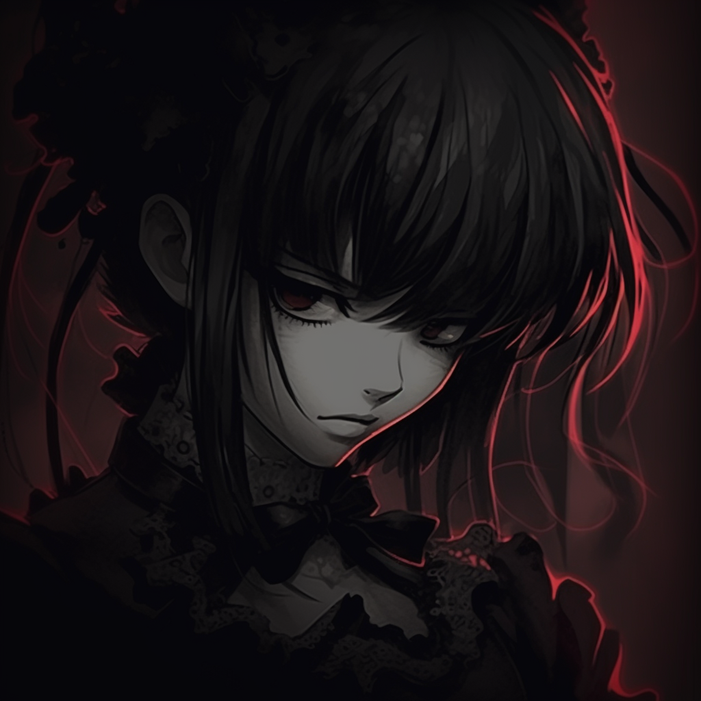 Gothic Lolita with piercing blood red eyes, black lace dress, and black hair, darker undertones. cute darkness anime pfps pfp for discord.