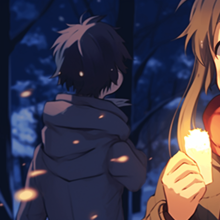 Two characters in snug scarves and hats, pastel tones and delicate detailing, enjoying a snowfall together. cozy matching gif christmas pfp pfp for discord.