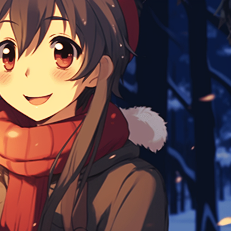 Two characters in snug scarves and hats, pastel tones and delicate detailing, enjoying a snowfall together. cozy matching gif christmas pfp pfp for discord.