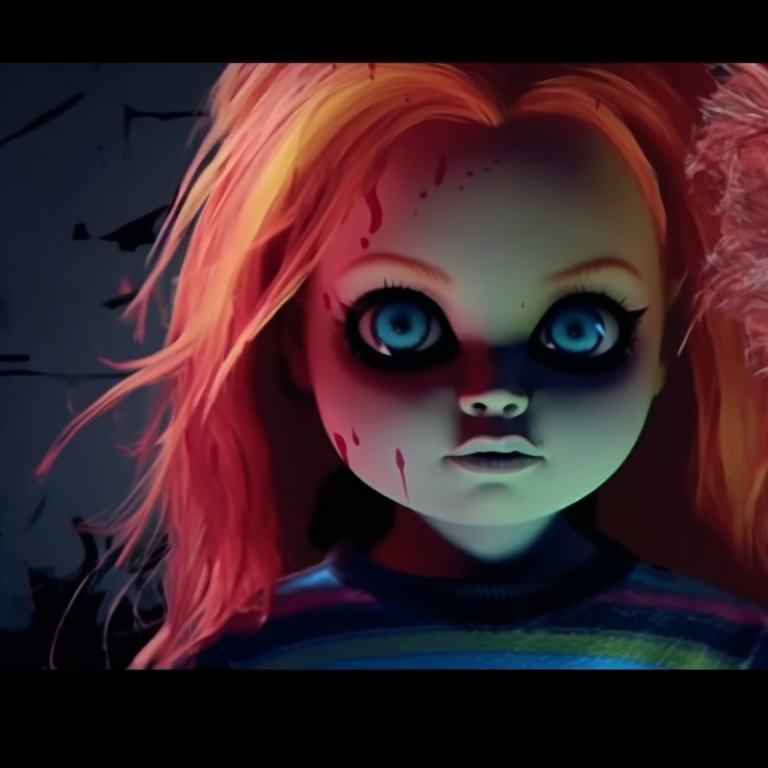 Chucky and Tiffany, each emitting a sinister aura, with blood splatter detail intensifying the horror theme. halloween matching pfp: chucky and tiffany theme pfp for discord.