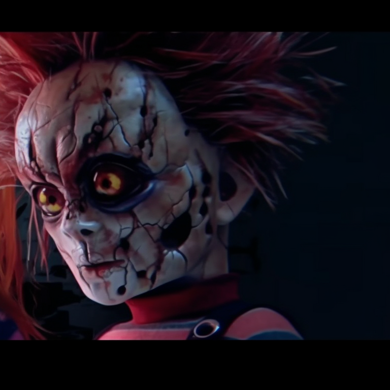 Chucky and Tiffany, each emitting a sinister aura, with blood splatter detail intensifying the horror theme. halloween matching pfp: chucky and tiffany theme pfp for discord.