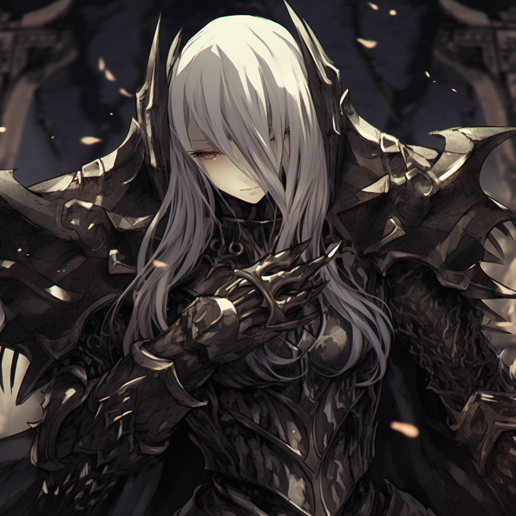 Close-up of a Gothic styled anime knight, emphasis on the intricate details of the armor and contrasting shadowy tones. enthralling gothic anime pfp