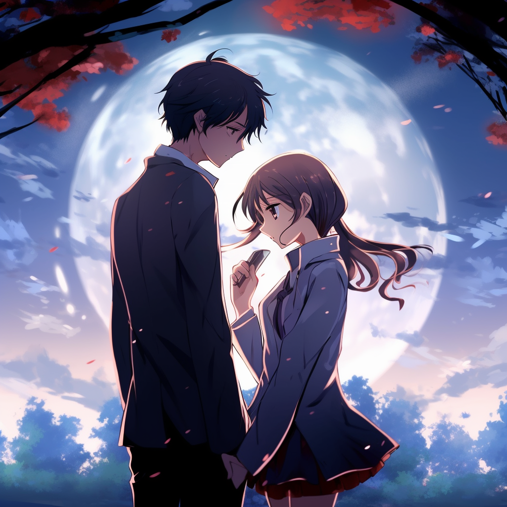 Anime couple in a night setting with a full moon, deep blues and bright highlights. cool anime couple pfp
